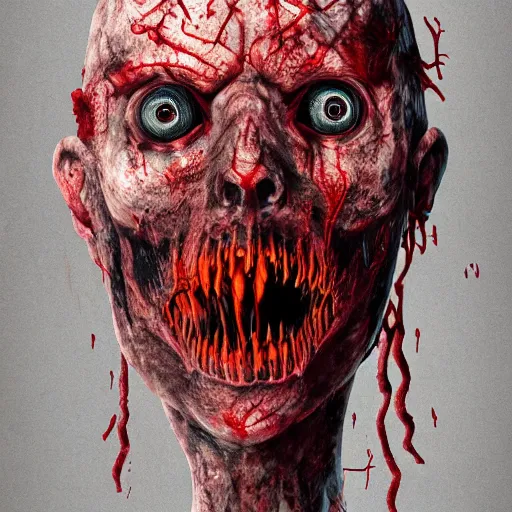 Image similar to decomposing human face with red bleeding eyes and possed by satan and maggots in mouth, lovecratian horror, hp lovecraft, eldricht abominations, demonic, hell, burning, suffering, depressing image, unreal engine, artstation hd