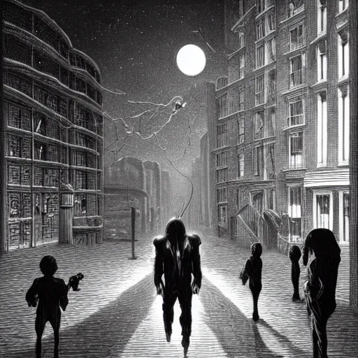 Image similar to creature chasing human down street at night by Michael Whelan, eerie, horror, scary, ominous, 8k, highly detailed