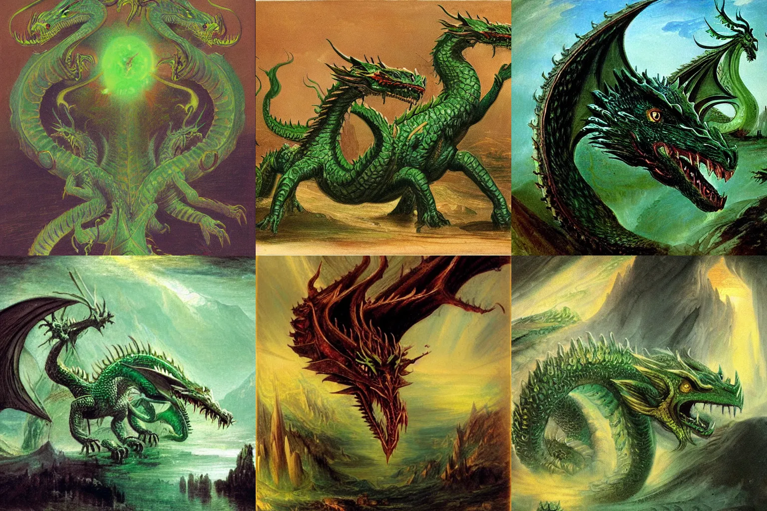 Prompt: a green dragon with 12 heads, fantasy concept art by J.M.W. TURNER