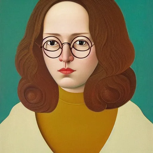 Prompt: portrait of a woman with brown wavy hair and glasses. andrey remnev.