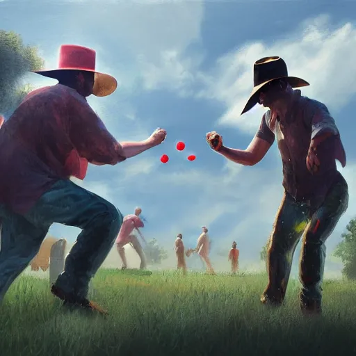 Prompt: a digital painting of a water balloon fight showdown, western era, hyper realistic, horror, back lighting, louisiana, in the style of greg rutkowski