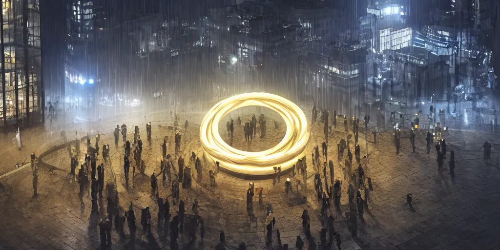 Image similar to policemen protect and guard a huge spiral - shaped luminous object right in the center of the city from protesting people, night, rain and light fog, professional lighting, concept art in 3 d, high detail, professional lighting