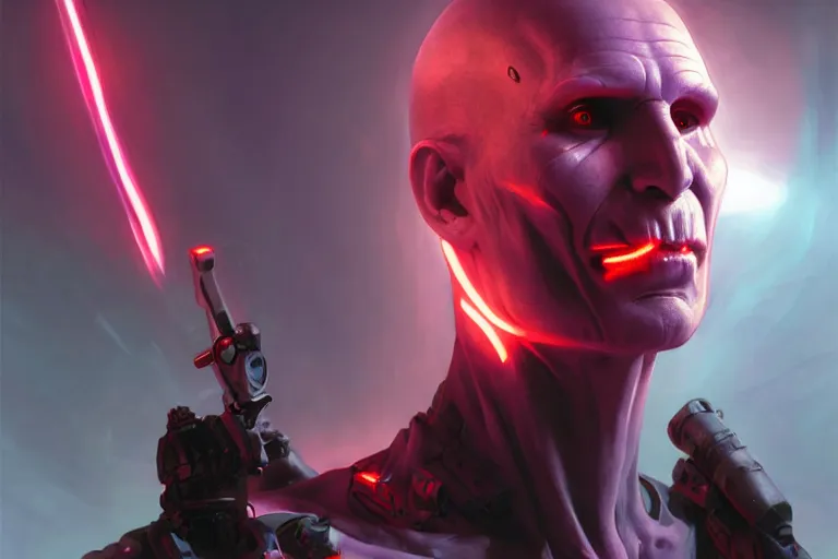 Image similar to cyborg Lord Voldemort without nose in cyberpunk, neon lighting, figure in center, digital art from artstation by Ruan Jia and Mandy Jurgens and Artgerm and william-adolphe bouguereau and Greg Rutkowski and Wayne Barlowe