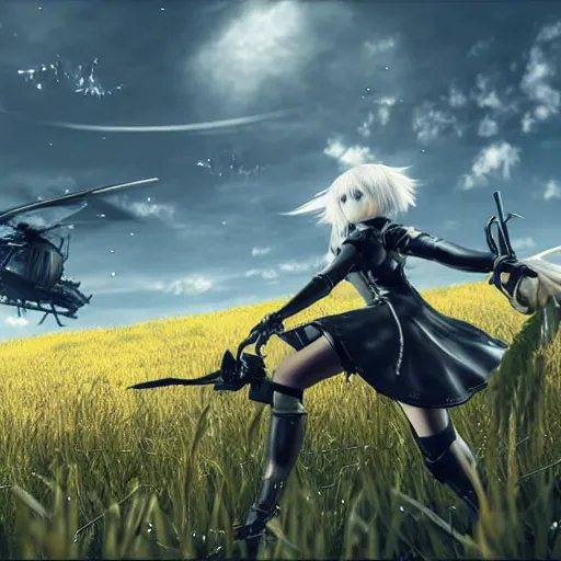 Image similar to a high resolution very detailed image of yorha android fighting a helicopter in nier : automata boss fight, in yellow rye field under blue sky