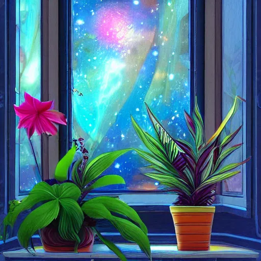 Image similar to a window full of tropical flowers, inside the window you can see the galaxy, fantasy art, trend in artstation