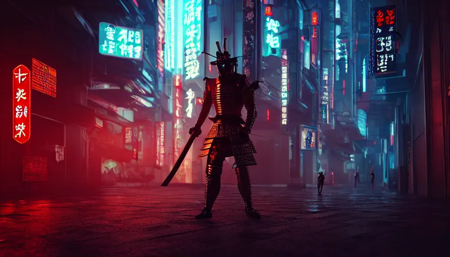 Image similar to a man in samurai armor in night city, samurai mask, cyberpunk horror style, cyberpunk, cyberpunk futuristic neo, detailed and intricate environment, octane render, unreal engine, 4 k, by makoto sinkai