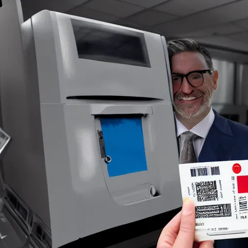 Image similar to hyperrealistic painting image where a happy businessman appears behind a ticket printing machine