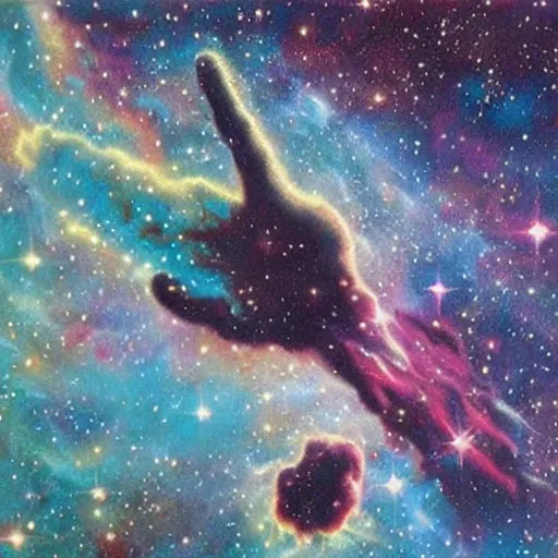 Prompt: a hand made out of nebula, hand in nebula, hand!!!, david a. hardy