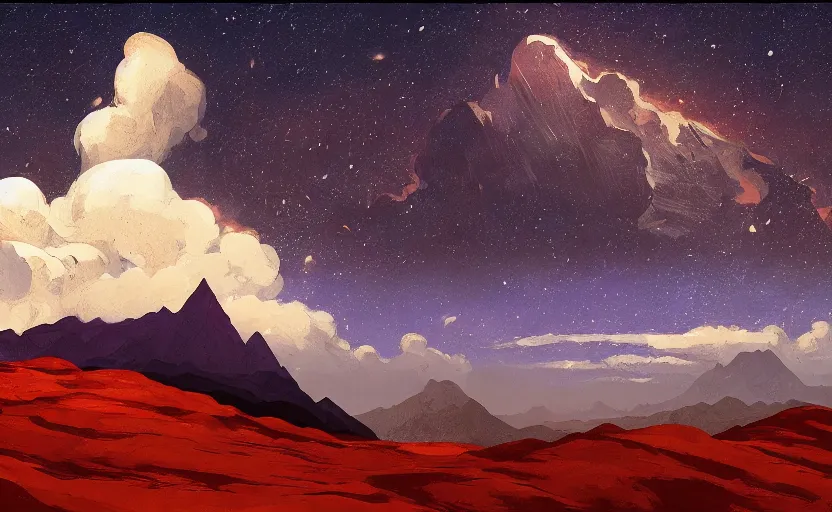 Prompt: mountains, stars and paisley filled sky, artstation, intricate, highly detailed, digital painting, concept art, sharp focus, illustration by Edward Hopper and Yoshitaka Amano