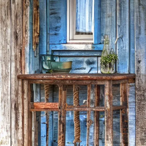 Image similar to seaside wickered furniture, cool morning, open breezeway, blue hour, old weathered wood, solitude and safety forever