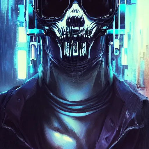 Image similar to A potrait of a cyberpunk skull with big eyes, fine-face, realistic shaded perfect face, fine details. Night setting. Very anime style. Realistic shaded lighting poster by Ilya Kuvshinov katsuhiro, magali villeneuve, artgerm, Jeremy Lipkin and Michael Garmash, Rob Rey and Kentarõ Miura style, trending on art station