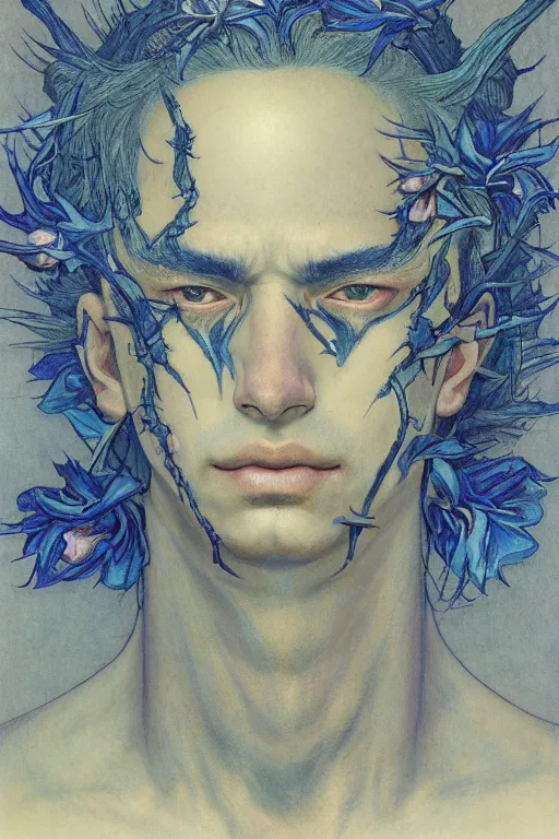 Image similar to portrait of beautiful young man, warhammer, japanic style, cyberpunk, a lot of scars, more and more flowers, blue head, the middle ages, highly detailed, artstation, illustration, art by jean delville, 8 k quality