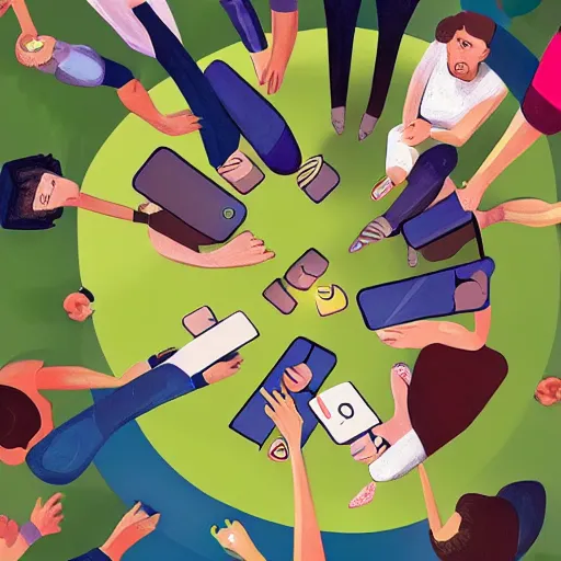 Image similar to a group of adults playing games on their phones while sitting in circle, digital painting, illustration
