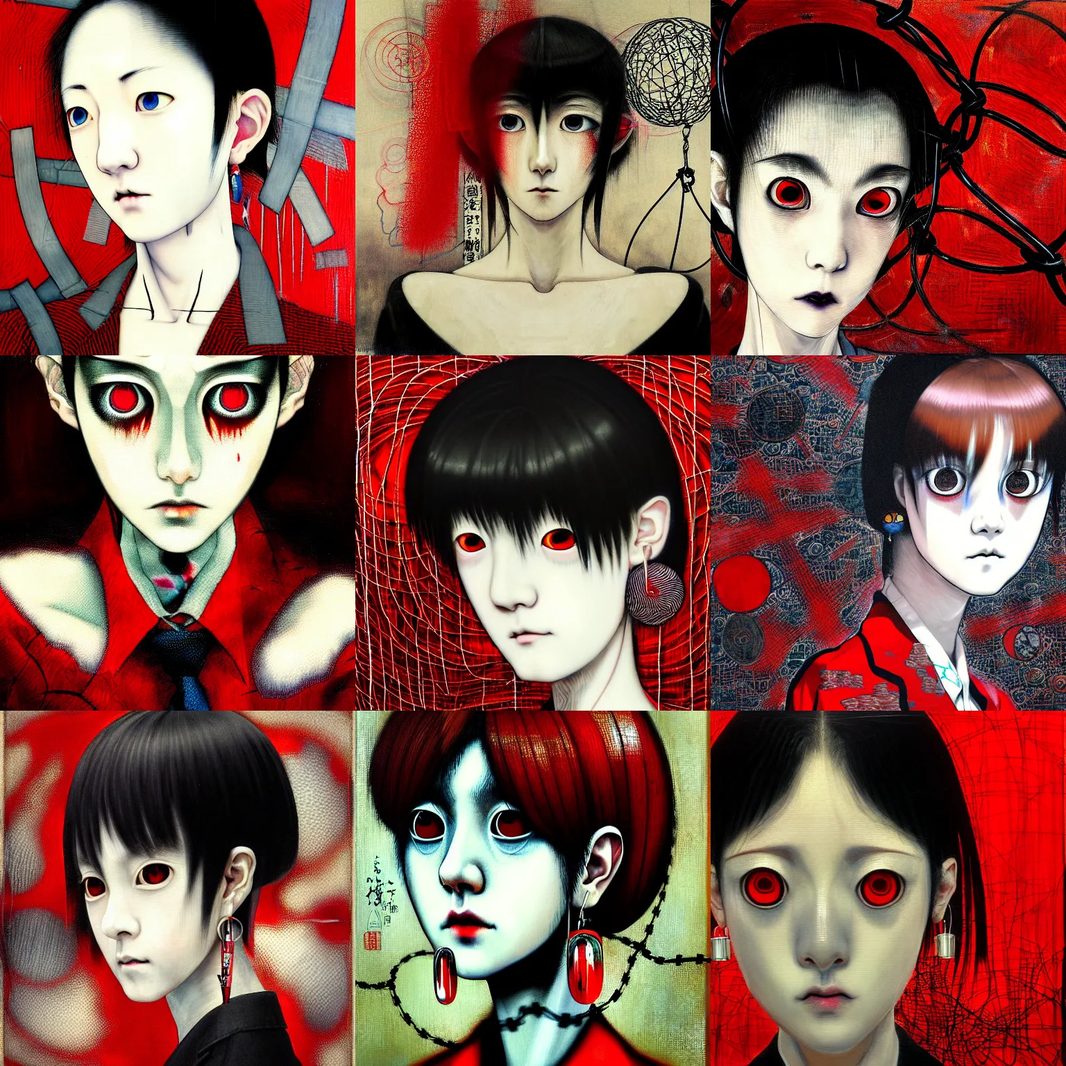 Image similar to yoshitaka amano blurred and dreamy realistic three quarter angle portrait of a sinister young woman with short hair, big earrings, barbed wire and red eyes wearing office suit with tie, junji ito abstract patterns in the background, satoshi kon anime, noisy film grain effect, highly detailed, renaissance oil painting, weird portrait angle, blurred lost edges