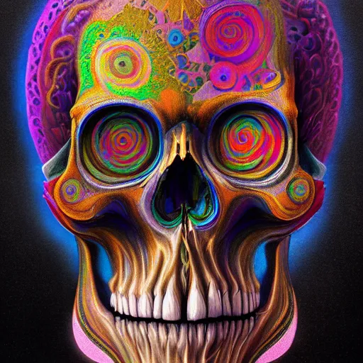 Image similar to An extremely psychedelic portrait of a skull, surreal, LSD, face, detailed, intricate, elegant, lithe, highly detailed, digital painting, artstation, concept art, smooth, sharp focus, illustration