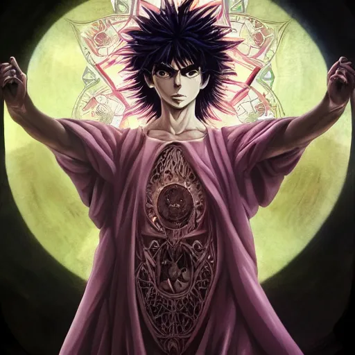 Image similar to 4K headshot portrait of godlike Warlock of Nazareth with defined arms and open hands and bloody clothes with giant mandala wings , intricate face , flawless anime cel animation by Kentaro Miura, psychedelic , highly detailed upper body , professionally post-processed , beautiful, scary, symmetry accurate features, epic, octane rendered, anime masterpiece, accurate by Craig Mullins, ilya kuvshinov, krenz cushart, epic , artgerm trending on artstation by Edward Hopper and Dan Mumford and WLOP and Rutkovsky, beksinski carl spitzweg moebius and tuomas kocar, intricate artwork by caravaggio, Unreal Engine 5, Lumen, Nanite