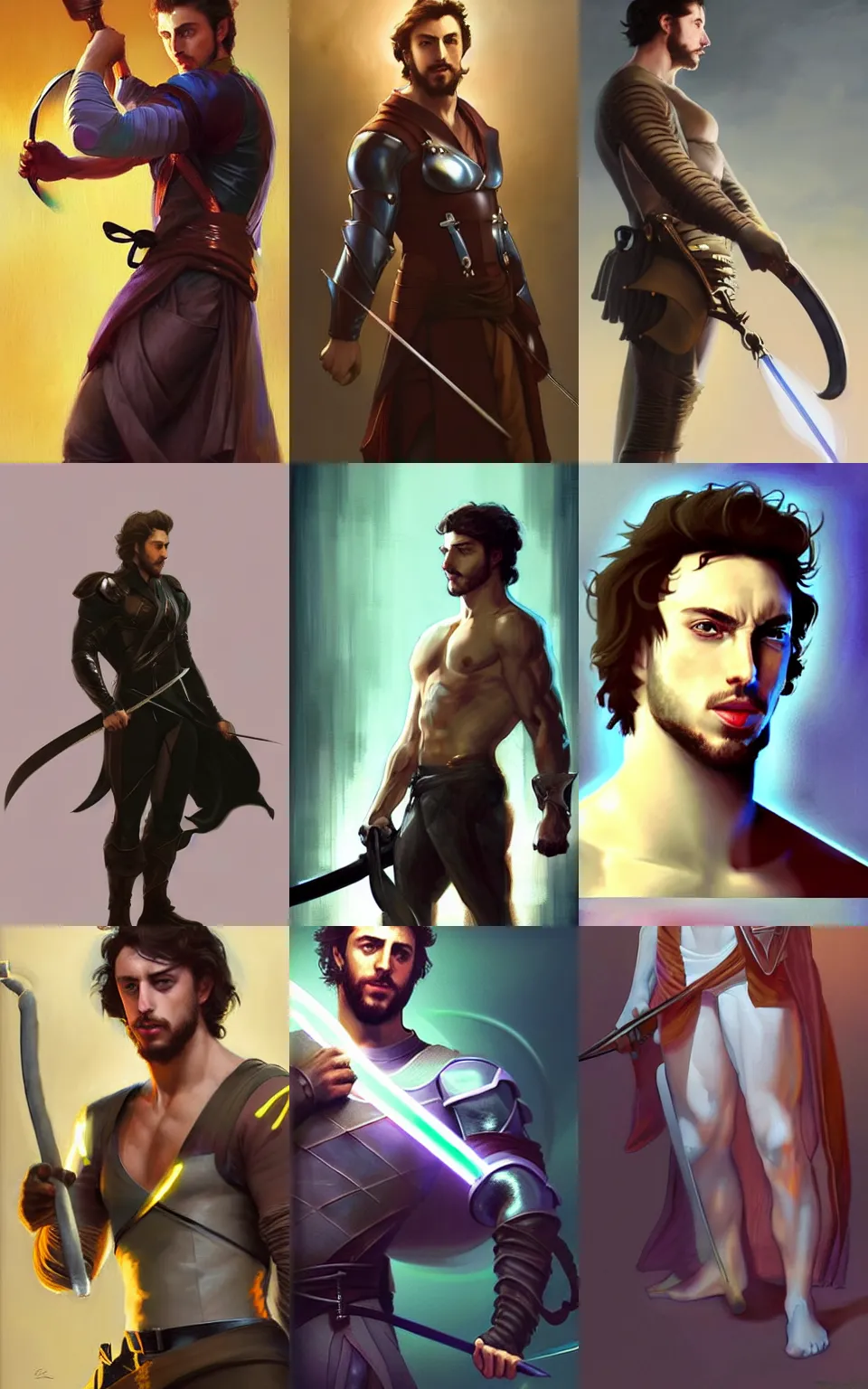 Prompt: character concept portrait of Aaron Taylor Johnson as an adventurer holding a electric rapier. Magic aura, fit, abs, silk robes, elegant, dynamic perspective, digital painting, concept art, smooth, sharp focus, illustration, from Metal Gear, by Ruan Jia and Mandy Jurgens and William-Adolphe Bouguereau, Artgerm