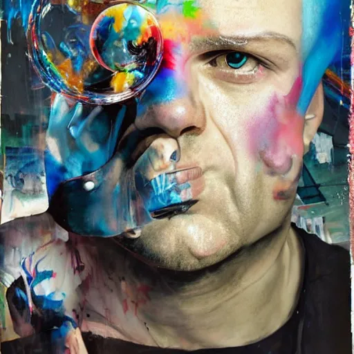 Prompt: mister clean as delirium from sandman, ( hallucinating colorful soap bubbles ), by jeremy mann, by sandra chevrier, by dave mckean and richard avedon and maciej kuciara, 8 0's, punk rock, tank girl, high detailed, 8 k