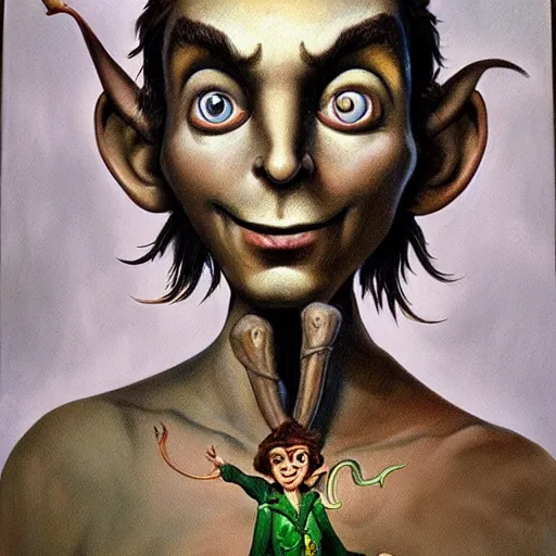 Image similar to beautiful lifelike painting of peter pan pinocchio dionysus, hyperreal detailed facial features and uv lighting, art by ed roth and basil wolverton