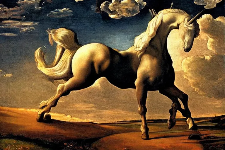 Prompt: a unicorn in the style of Caravaggio, walking across a rainbow. Beautiful clouds, highly detailed. Dramatic composition and beautiful light.