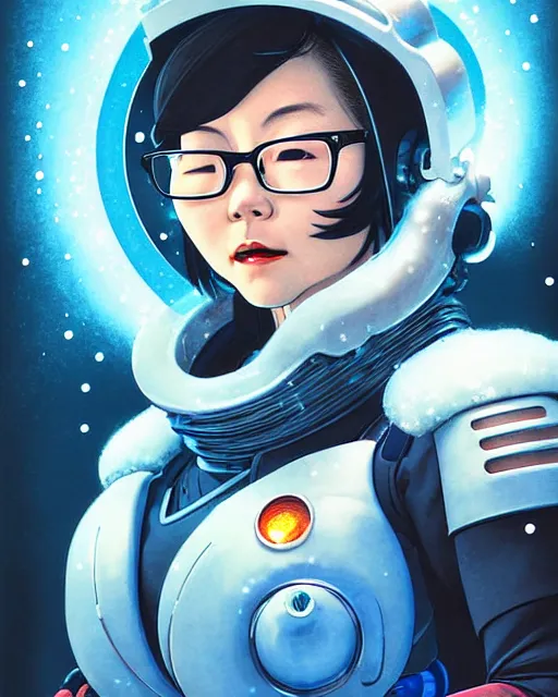 Image similar to mei from overwatch, character portrait, ice, cold, snow, sci - fi armor, portrait, close up, concept art, intricate details, highly detailed, vintage sci - fi poster, retro future, in the style of chris foss, rodger dean, moebius, michael whelan, and gustave dore