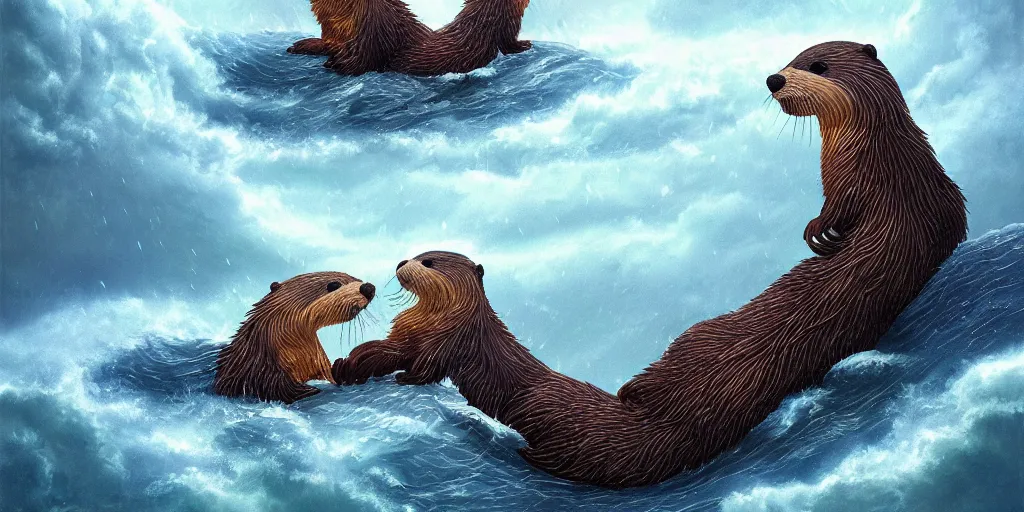 Image similar to beautiful fantasy illustration hyper detailed a pair of cute otters falling in love holding hands in a huge storm at sea cinematic dreamlike trending on artstation masterpiece