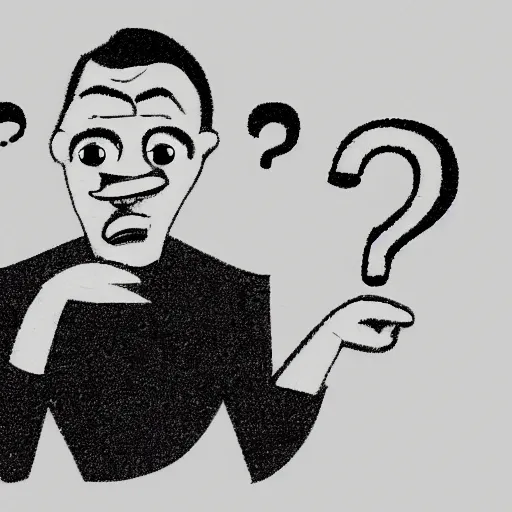 Prompt: a simple sketch of a cartoon man holding a question mark with a puzzled expression, on a pure white background