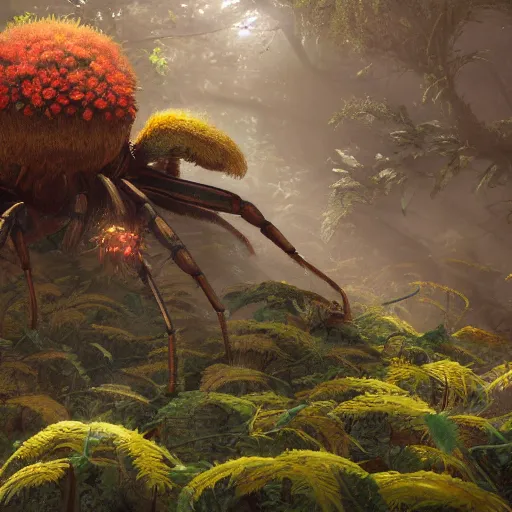 Image similar to an ugly giant spider, beautiful, realistic, atmosphere, vibe, forest, webs, fern, flowers, concept art illustration, color page, tone mapping, akihiko yoshida, james jean, andrei riabovitchev, marc simonetti, digital illustration, greg rutowski, volumetric lighting, sunbeams, particles