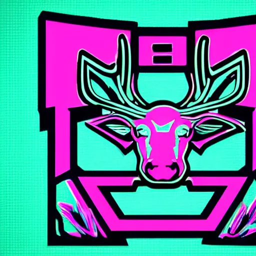 Image similar to logo for corporation called protoneo that involves deer head, symmetrical, retro pink synthwave style, retro sci fi