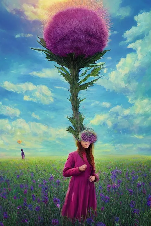 Prompt: portrait, enormous thistle flower under the head, a girl in suit in field of flowers, surreal photography, sunrise, blue sky, dramatic light, impressionist painting, digital painting, artstation, simon stalenhag