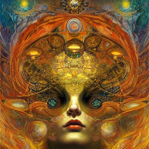 Prompt: Divine Chaos Engine by Karol Bak, Jean Deville, Gustav Klimt, and Vincent Van Gogh, sacred geometry, fractal structures