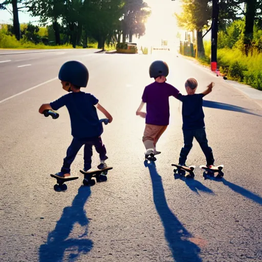 Prompt: three children belly - skateboarding on busy highway, award winning photograph, lens flare, 3 5 mm, cinematic
