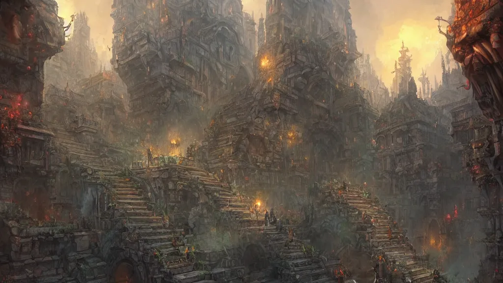 Prompt: the steps of a a crumbling stone temple in the middle of a bustling city, huge crowd on the street, fantasy, marc simonetti, anato finnstark, randy vargas, diego gisbert llorens, bayard wu, fantasy concept art, trending on artstation, 4k,