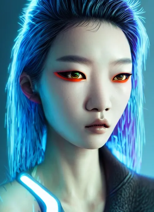 Image similar to photorealistic portrait of female asian humanoid, cyber neon lights, highly detailed, cyberpunk fashion, elegant, crispy quality, trending in artstation, trending in pinterest, glamor pose, no signature, no watermark, cinematic, art by pascal blanche