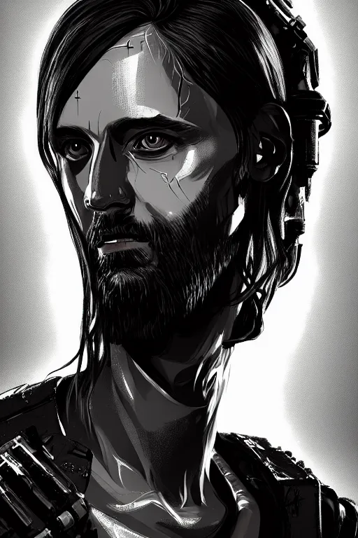 Image similar to a full length portrait of cyberpunk jesus, grim - lighting, high - contrast, intricate, elegant, highly detailed, digital painting, artstation, concept art, smooth, sharp focus, illustration