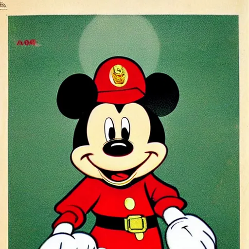 Prompt: mickey mouse in military uniform. art work. german ww 2 propaganda poster. red armband with disney symbol. dark, hyper realistic by barloe