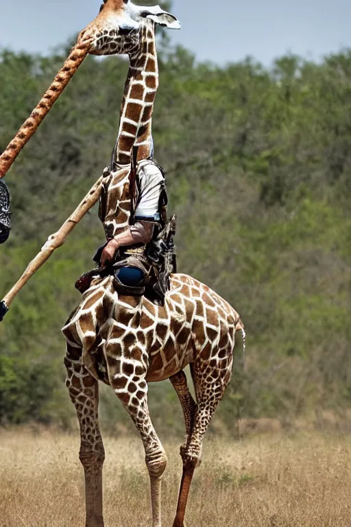 Prompt: a knight in armor riding on a giraffe