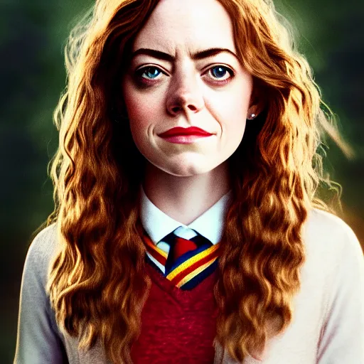 Image similar to beautiful hyperdetailed photograph of hermione granger portrrayed by emma stone, hogwarts uniform, golden hour, soft focus, medium shot, 8 k, portra 4 0 0