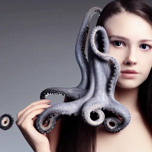 Image similar to A girl with a gray octopus for hair, very young and beautiful face, silver eyes, HD, hyper realistic