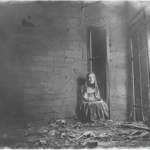 Image similar to 1860 photo of an ancient demon-girl devouring his own soul on an abandoned hospital, spooky