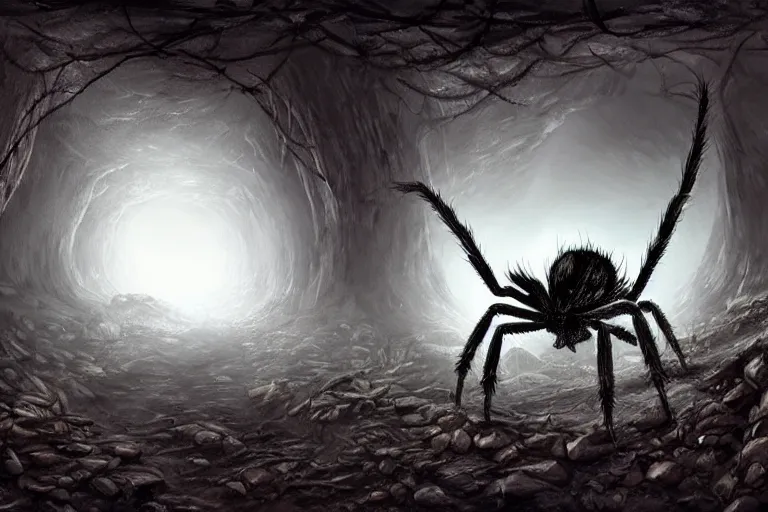 Prompt: a monstrous spider in a dark tunnel, cobwebs, atmospheric, in the style of jeff easley, dramatic lighting, low angle, wide angle, hyper - realistic, highly detailed digital art