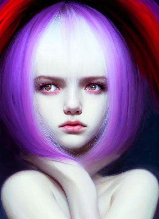 Image similar to hair whitebangs hair, black hair, whitebangs, portrait of teenage girl with white bangs, red irises, purple clothes, white bangs, bangs are different color from hair, intricate, elegant, glowing lights, highly detailed, digital painting, artstation, concept art, smooth, sharp focus, illustration, art by wlop, mars ravelo and greg rutkowski