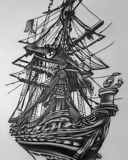 Image similar to A tattoo design on paper of a pirate ship, on paper, black and white, highly detailed tattoo, realistic tattoo, realism tattoo, beautiful shades