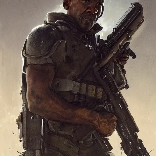 Image similar to portrait of a man by greg rutkowski, denzel washington as a colonial marine from aliens franchise, he is about 5 0 years old, military composure, wearing the tactical gear of the colonial marines, highly detailed portrait, digital painting, artstation, concept art, smooth, sharp foccus ilustration, artstation hq