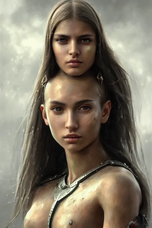 Image similar to a photorealistically painted portrait of an attractive young girl, partially clothed in metal-plated battle armor, with an abstractly painted background, flawless olive skin, fair complexion, long dark hair, beautiful bone structure, perfectly symmetric facial features, perfect photorealistic eyes, natural physique, intricate, elegant, digital painting, concept art, finely detailed, beautifully illustrated, sharp focus, minimal artifacts, volumetric lighting, from DOOM and Halo, by Ruan Jia and Mandy Jurgens and Artgerm and William-Adolphe Bouguerea, in the style of Greg Rutkowski, trending on Artstation, award winning art