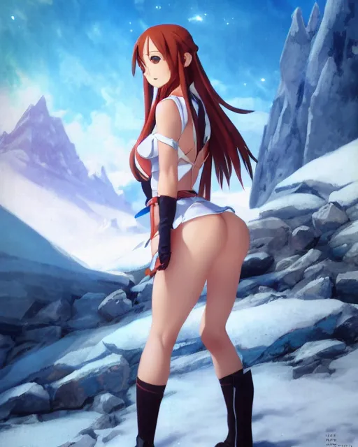 Image similar to pinup photo of asuna from sao in the ice mountains, asuna by a - 1 pictures, by greg rutkowski, gil elvgren, enoch bolles, glossy skin, pearlescent, anime, very coherent, maxim magazine, 3 d, vray, unreal 5, octave rendey, maya, cgsociety, dslr