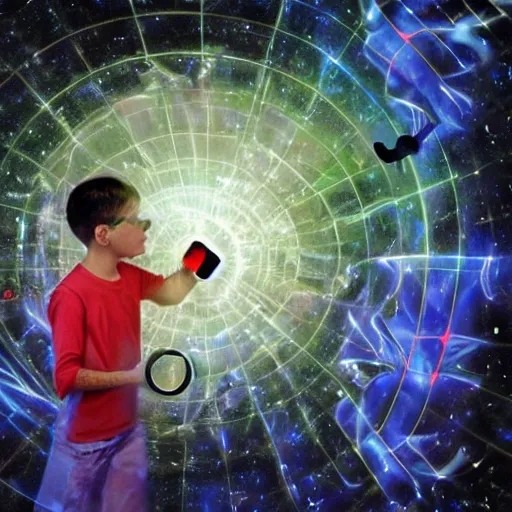 Image similar to A illustration. A rip in spacetime. Did this device in his hand open a portal to another dimension or reality?! Imgur by Wendy Froud ornamented