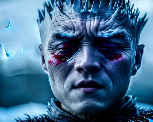 Image similar to justin sun crying as night king in game of thrones, extreme close - up of head encased in clear ice ball, crimson - black bee army behind, 4 k, epic, cinematic, focus, movie still, fantasy, extreme detail, atmospheric, dark colour, sharp focus