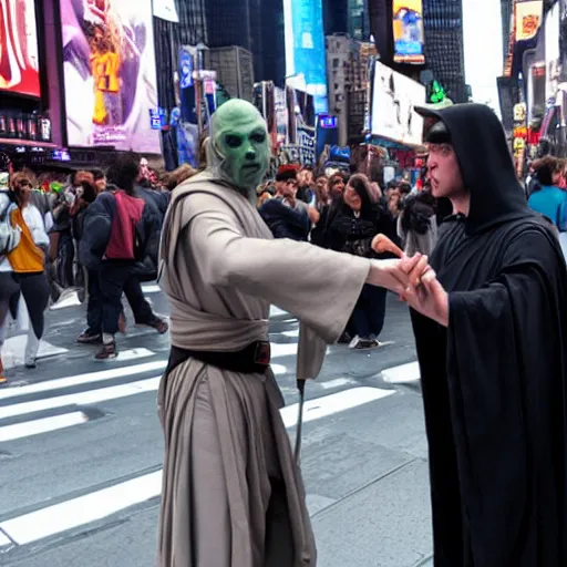 Image similar to a jedi in a battle with voldemort among the people in times square