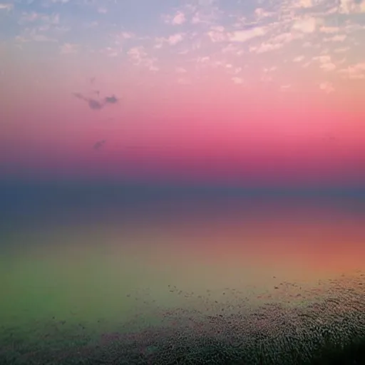 Image similar to dreamland surreal infinite rose colored sky with feathery blush colored clouds over a body of calm flat reflective pink water looking out to the horizon with no trees or land in sight